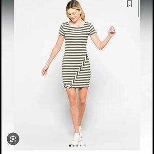 Striped Short-Sleeve Mini Dress in Olive and White